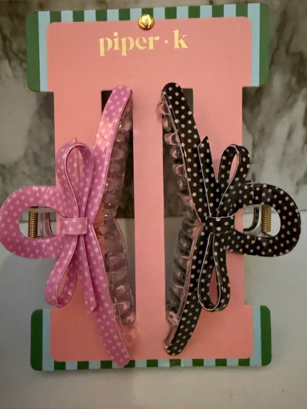 Piper K Polka Dot Bow Hair Claw Clips ~ Pink and Black 2-Pack - Picture 1 of 5